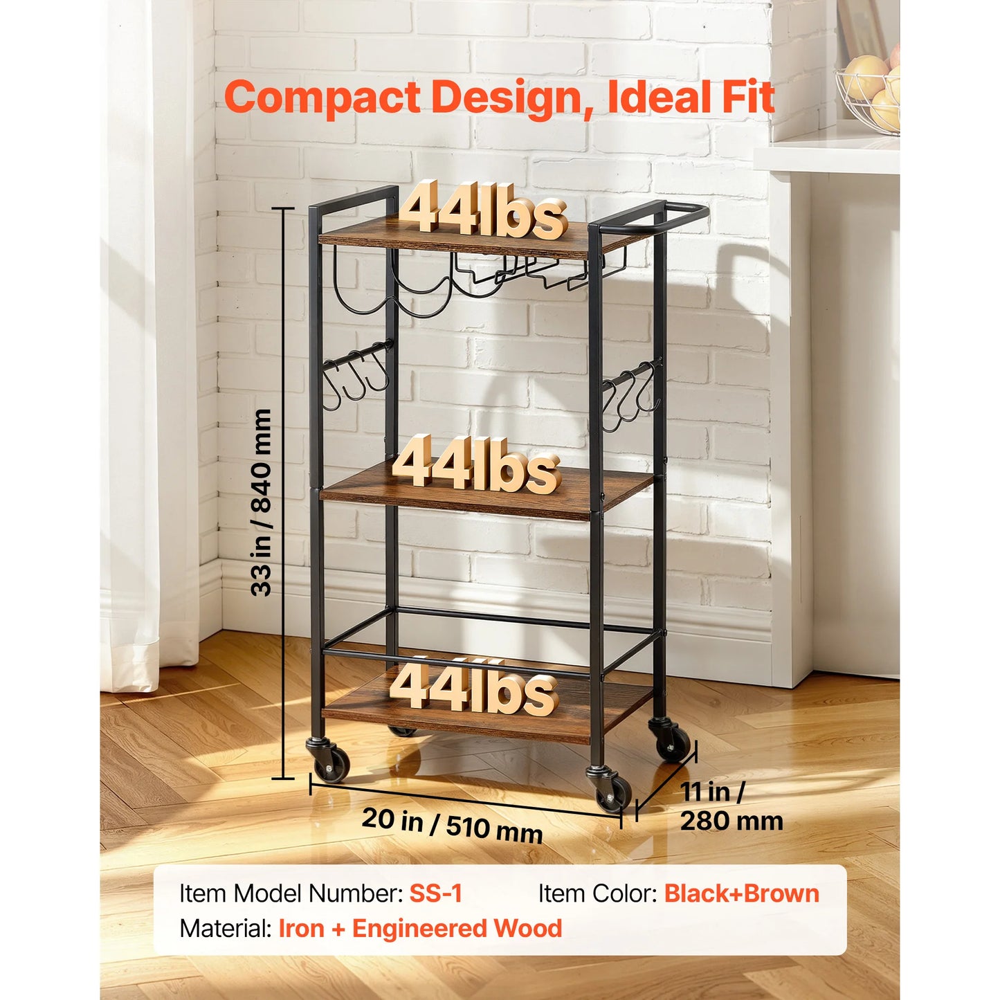 SucceBuy Bar Cart 3 Tiers Kitchen Serving Carts Mobile Drink Beverage Shelf with Wine Rack & Glass Holder Rustic Brown and Black
