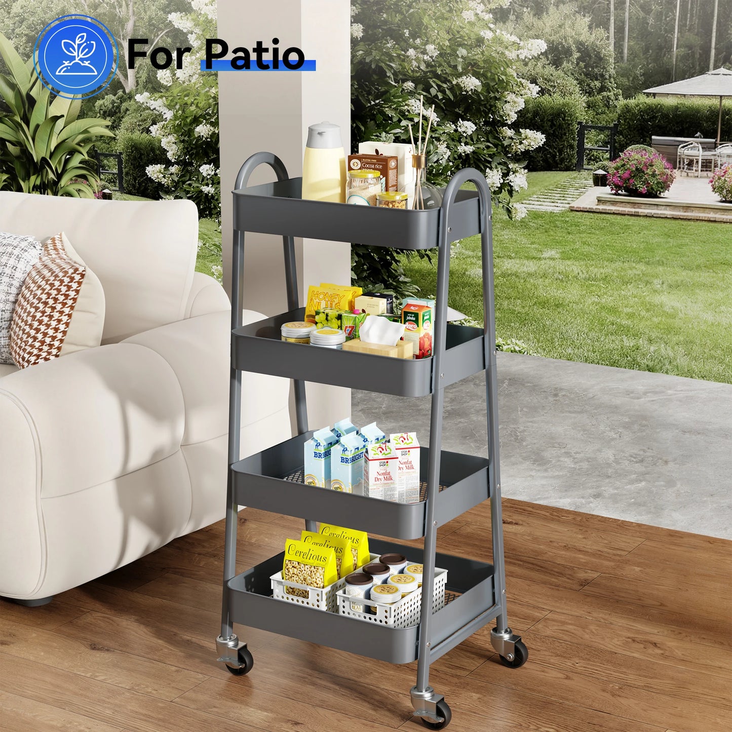JHK 4 Tier Metal Storage Kitchen Cart with Lockable Wheels Mobile Shelving Unit Utility Rolling Organizer For Home Narrow Places