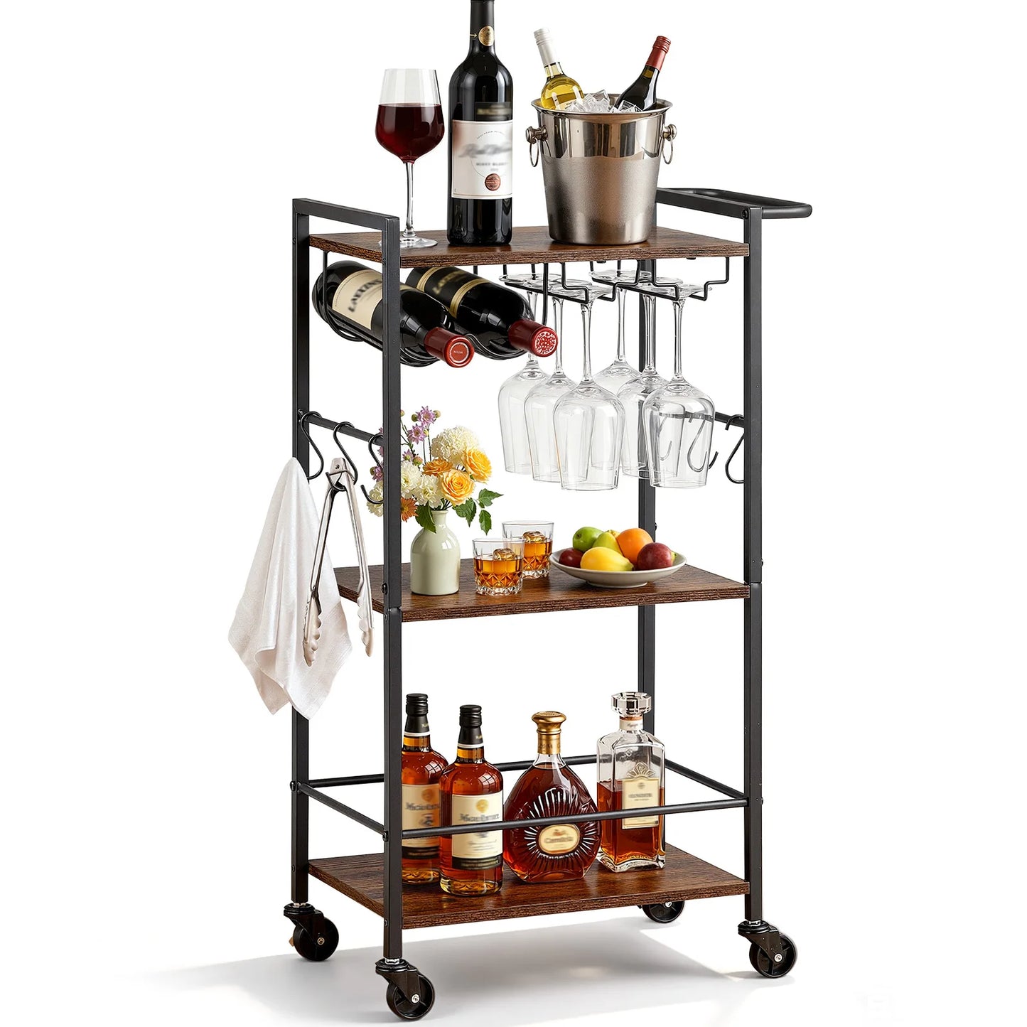 SucceBuy Bar Cart 3 Tiers Kitchen Serving Carts Mobile Drink Beverage Shelf with Wine Rack & Glass Holder Rustic Brown and Black