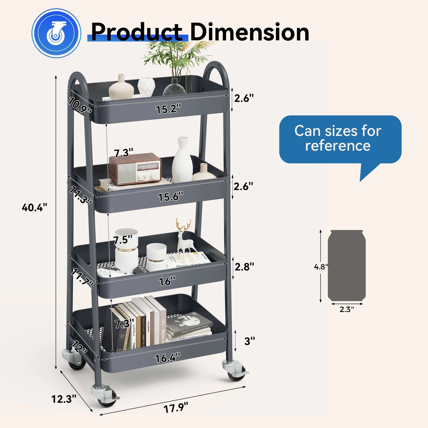 JHK 4 Tier Metal Storage Kitchen Cart with Lockable Wheels Mobile Shelving Unit Utility Rolling Organizer For Home Narrow Places