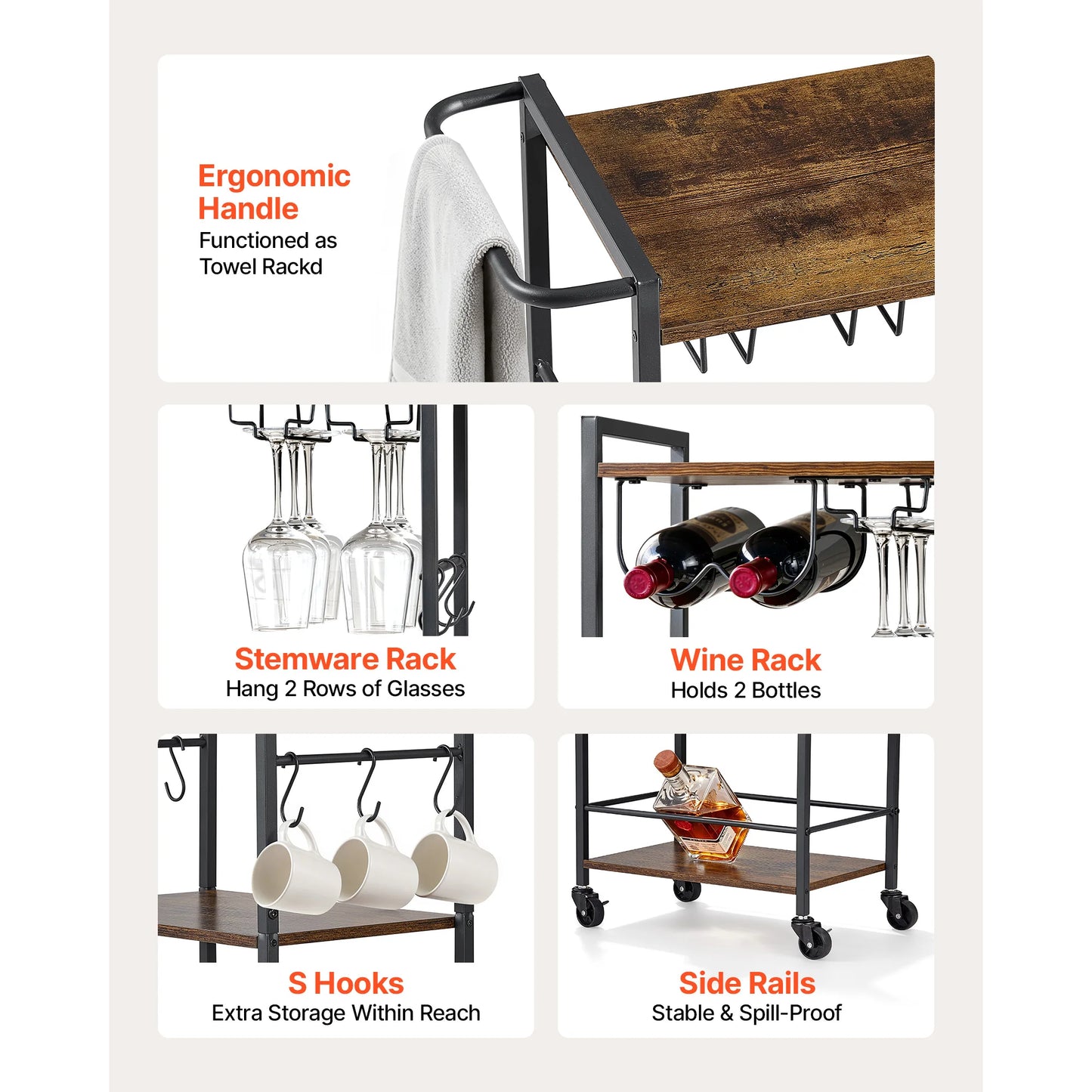 SucceBuy Bar Cart 3 Tiers Kitchen Serving Carts Mobile Drink Beverage Shelf with Wine Rack & Glass Holder Rustic Brown and Black