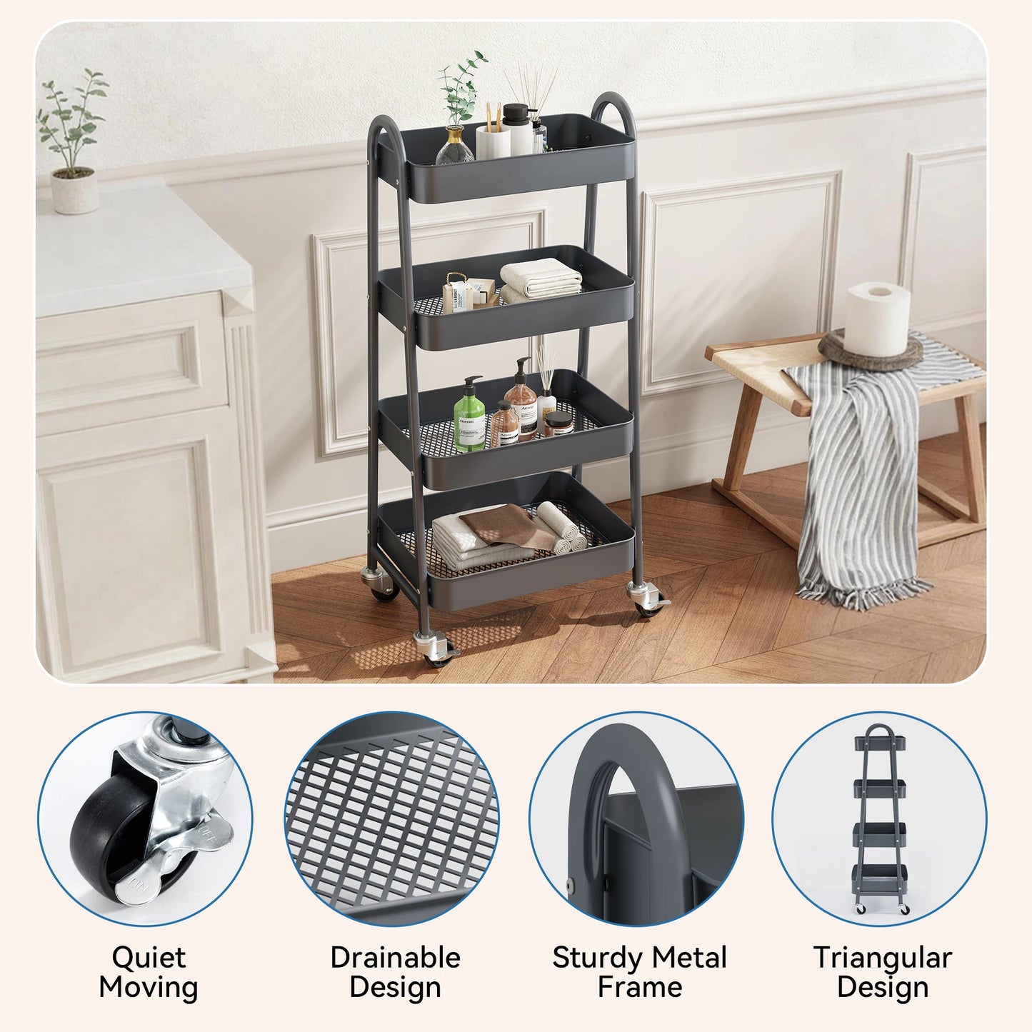 JHK 4 Tier Metal Storage Kitchen Cart with Lockable Wheels Mobile Shelving Unit Utility Rolling Organizer For Home Narrow Places