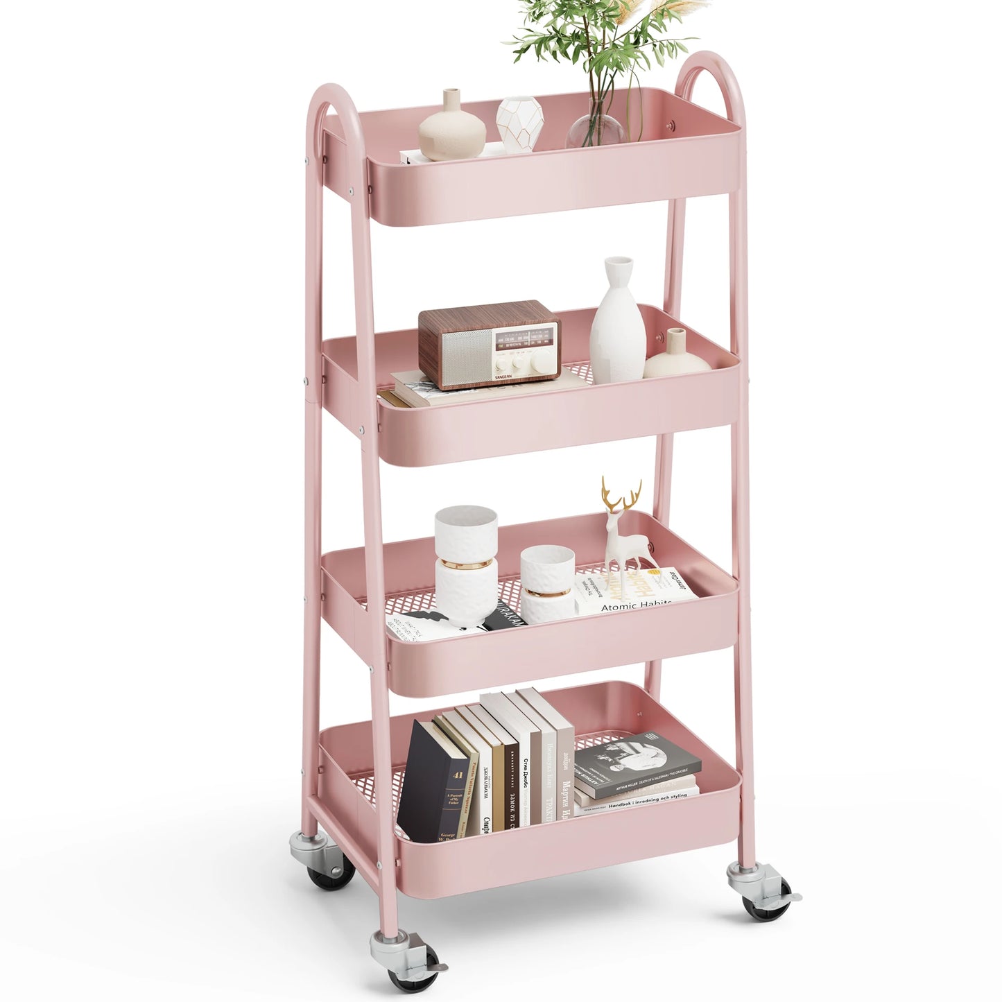 JHK 4 Tier Metal Storage Kitchen Cart with Lockable Wheels Mobile Shelving Unit Utility Rolling Organizer For Home Narrow Places