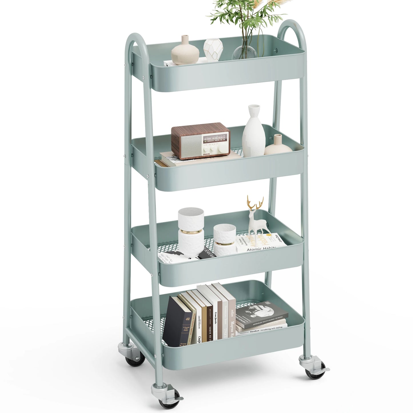 JHK 4 Tier Metal Storage Kitchen Cart with Lockable Wheels Mobile Shelving Unit Utility Rolling Organizer For Home Narrow Places
