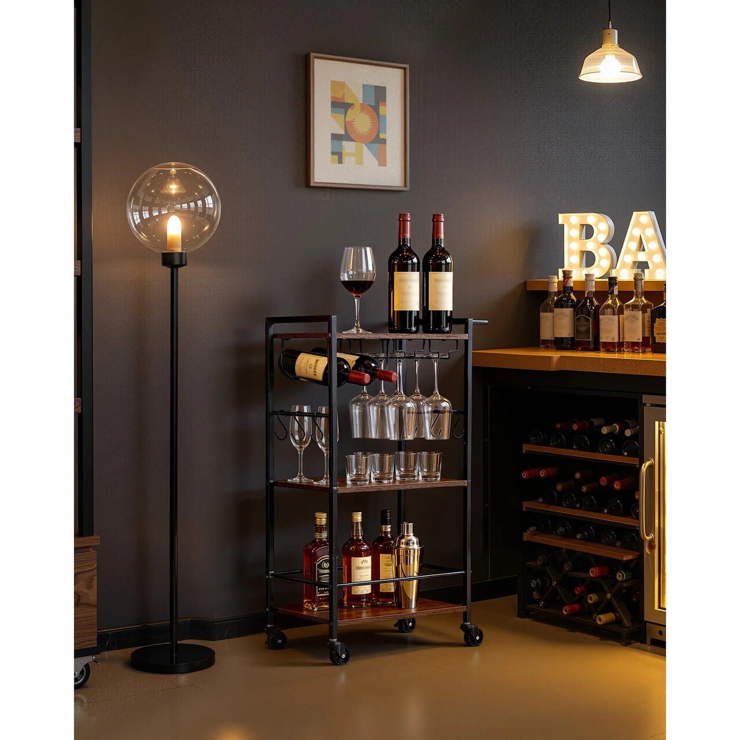 SucceBuy Bar Cart 3 Tiers Kitchen Serving Carts Mobile Drink Beverage Shelf with Wine Rack & Glass Holder Rustic Brown and Black