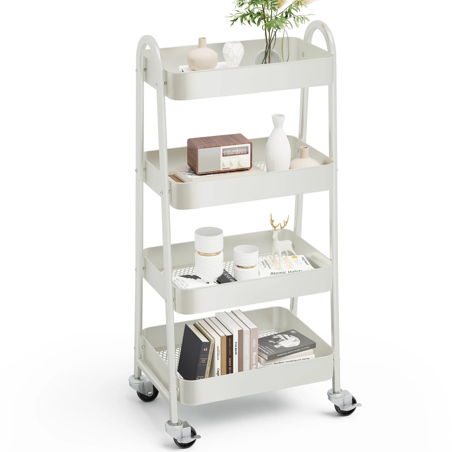 JHK 4 Tier Metal Storage Kitchen Cart with Lockable Wheels Mobile Shelving Unit Utility Rolling Organizer For Home Narrow Places