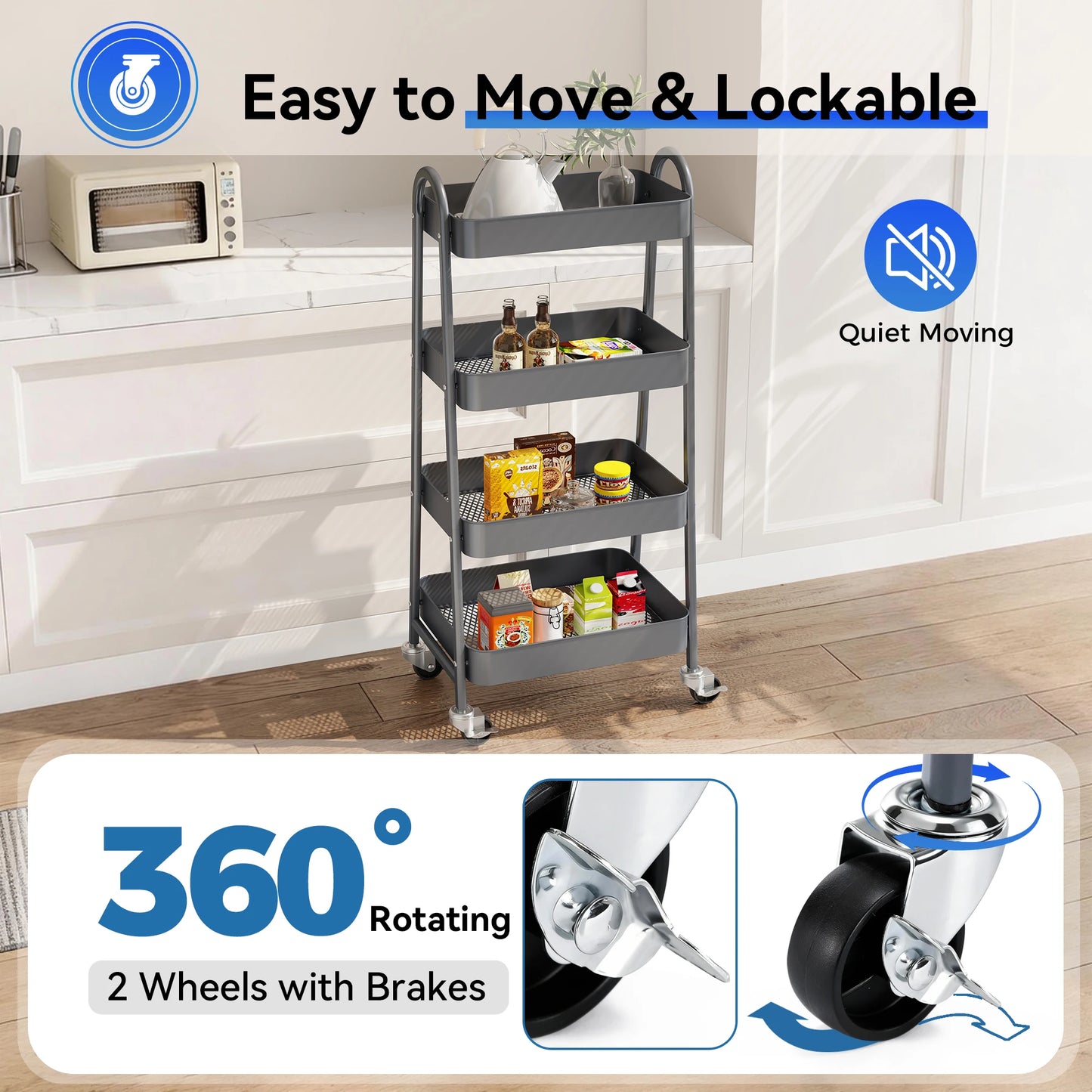 JHK 4 Tier Metal Storage Kitchen Cart with Lockable Wheels Mobile Shelving Unit Utility Rolling Organizer For Home Narrow Places