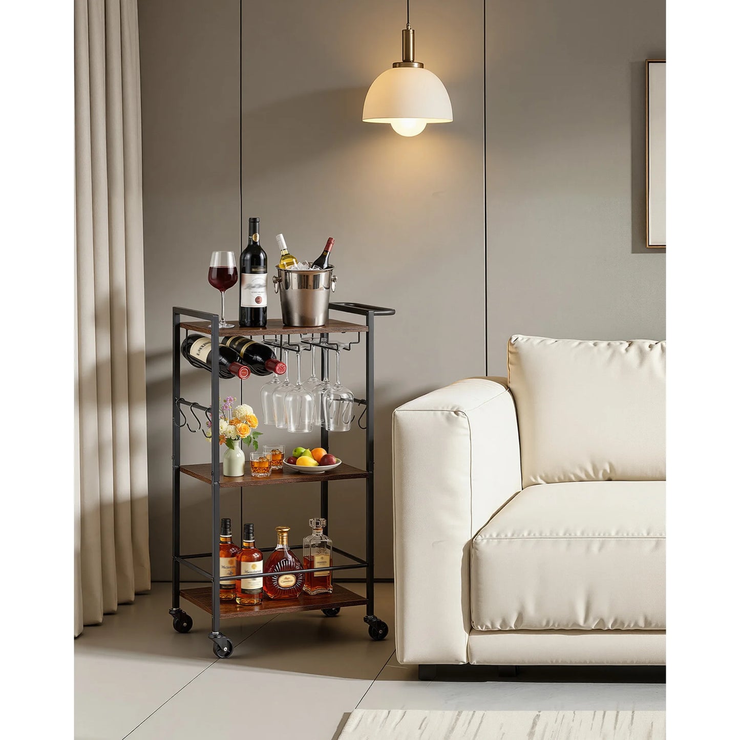 SucceBuy Bar Cart 3 Tiers Kitchen Serving Carts Mobile Drink Beverage Shelf with Wine Rack & Glass Holder Rustic Brown and Black