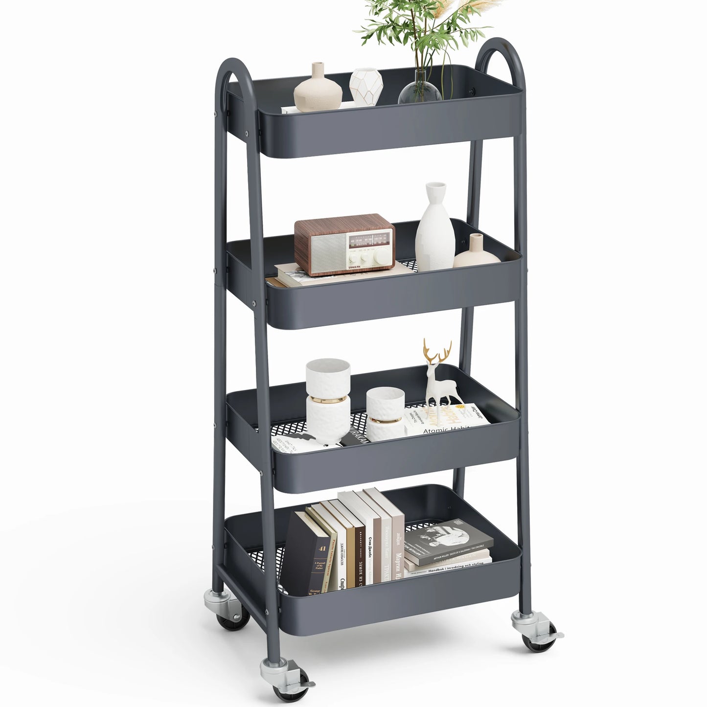 JHK 4 Tier Metal Storage Kitchen Cart with Lockable Wheels Mobile Shelving Unit Utility Rolling Organizer For Home Narrow Places