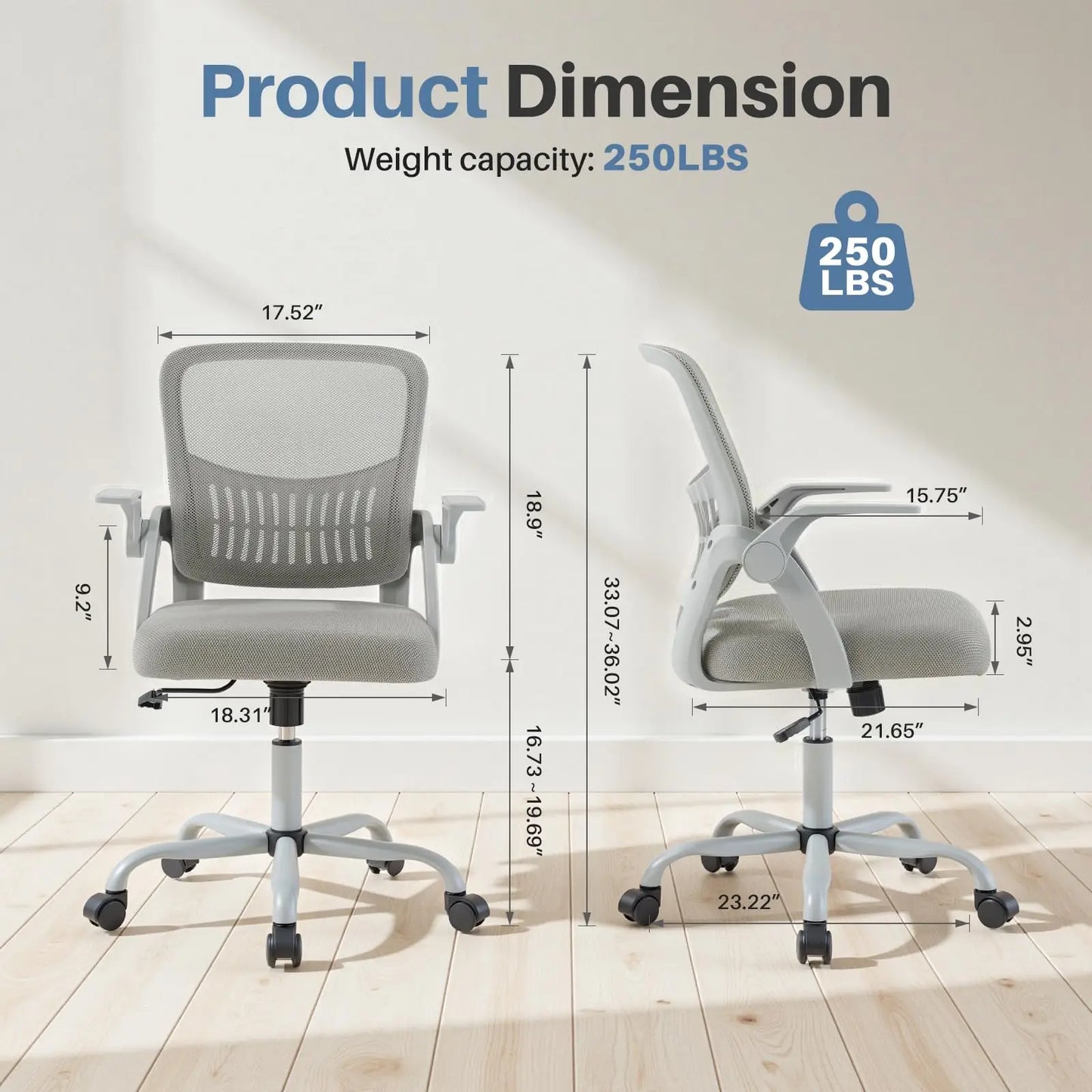 JHK Home Office Computer Chair Ergonomic Mid Back Desk with Lumbar Support 360° Swivel Height Adjustable with Flip-up Armrest