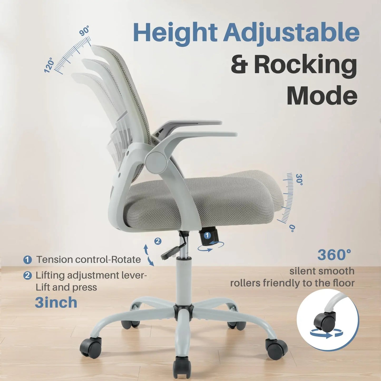 JHK Home Office Computer Chair Ergonomic Mid Back Desk with Lumbar Support 360° Swivel Height Adjustable with Flip-up Armrest