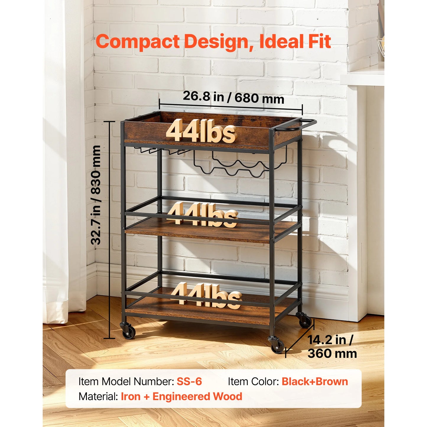 SucceBuy Bar Cart 3 Tiers Kitchen Serving Carts Mobile Drink Beverage Shelf with Wine Rack & Glass Holder Rustic Brown and Black