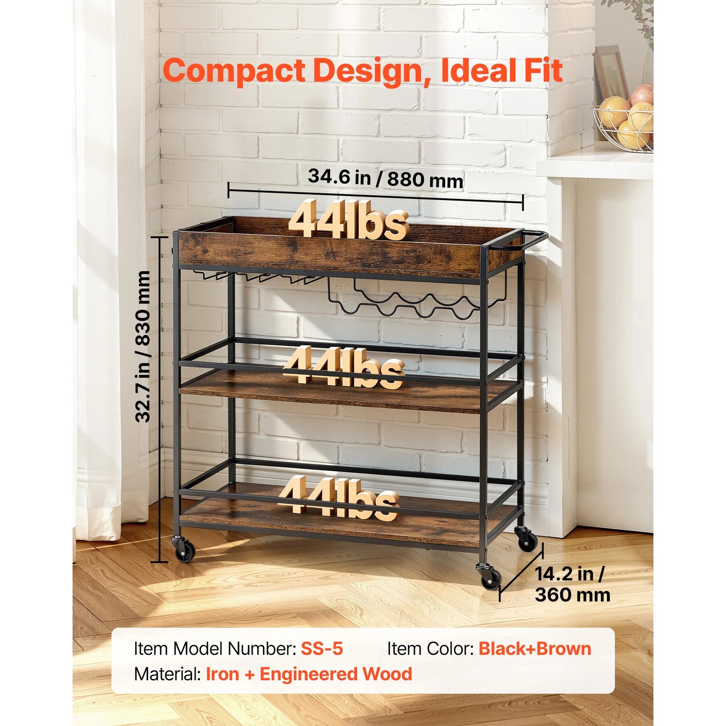SucceBuy Bar Cart 3 Tiers Kitchen Serving Carts Mobile Drink Beverage Shelf with Wine Rack & Glass Holder Rustic Brown and Black