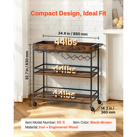 SucceBuy Bar Cart 3 Tiers Kitchen Serving Carts Mobile Drink Beverage Shelf with Wine Rack & Glass Holder Rustic Brown and Black